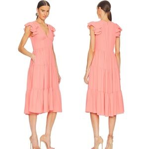 Amanda Uprichard Annette‎ Dress Neon Ballet size Medium Coral Ruffle Sleeve Midi